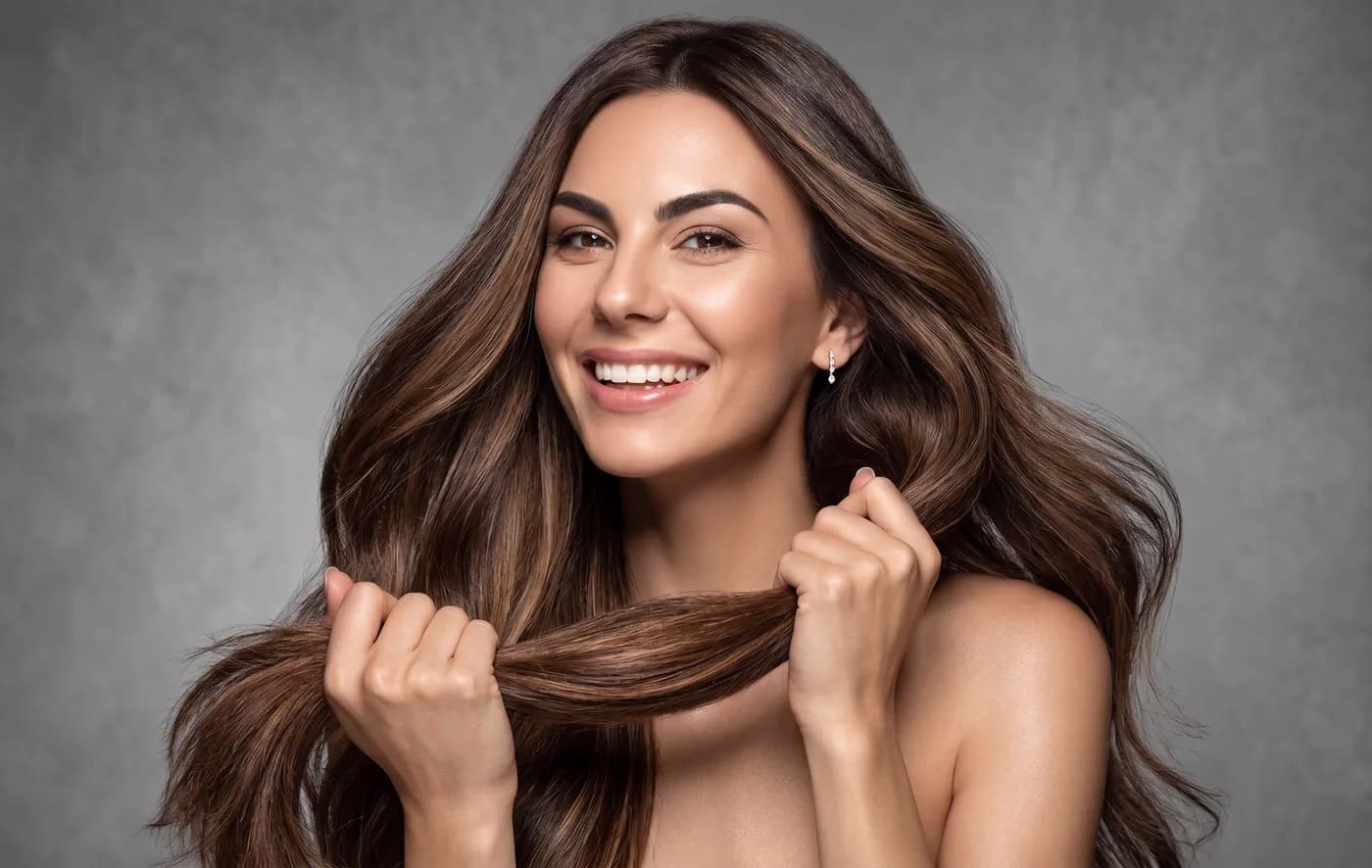 Cabello largo y brillante sostenido entre las manos